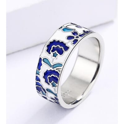 925 Prachtige Nieuwe Dames Ring Blauwe Emaille Bloemenring Mode Handgemaakte Emaille Sieraden Bruiloft Bruidsring 10 white