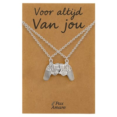 Koppel Ketting voor 2 'Voor altijd van jou' - Controller - Vriendschapsketting op Cadeau Kaartje - 45cm + 5cm verstelbaar - Zilverkleurig - Persoonlijke Hanger - Pax Amare