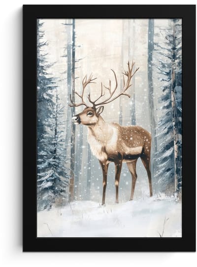 Poster in lijst - Fotolijst 20x30 cm - Posters - Rendier - Sneeuw - Woud - Wit - Posterlijst zwart - Decoratie - Wanddecoratie woonkamer - Muurdecoratie slaapkamer