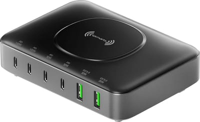 4smarts 100W 7-in-1 GaN Oplaadstation - Snellader met Power Delivery en Quick Charge - Geschikt voor o.a. Telefoon, Tablet, Laptop en MacBook - met Draadloos Opladen - Zwart/Grijs