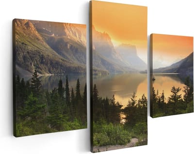 Artaza Canvas Schilderij Drieluik Bergen Met Een Meer In Nationaal Park Glacier - 90x60 - Foto Op Canvas - Canvas Print