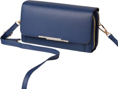 Dames Lange Portemonnee Crossbody Tas - Grote Capaciteit Clutch met Dubbele Rits, Schoudertas voor Mobiele Telefoon en Kaarten - Donkerblauw