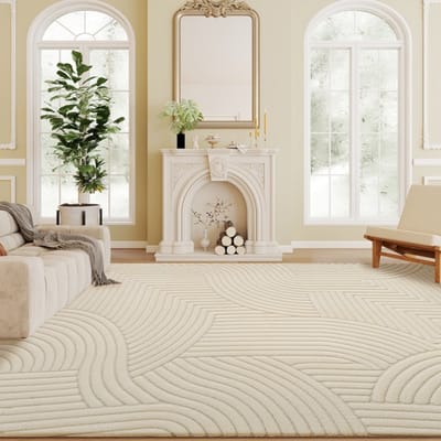Modern jacquard geometrisch vloerkleed met korte pool, antislip, crèmekleurig polyester, machinaal geweven, 160 x 120 cm, elegant vloerkleed voor de woonkamer