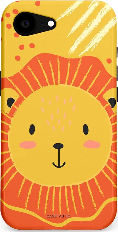 Casetastic hoesje geschikt voor Apple iPhone 16e / Apple iPhone 17e - MagSafe - Dubbellaagse bescherming - Vrolijke leeuw - Fashion Case - Goud Rood Oranje