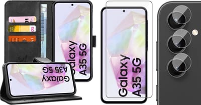 Hoesje geschikt voor Samsung Galaxy A35 - Screenprotector Glas & Camera - Portemonnee Book Case Zwart