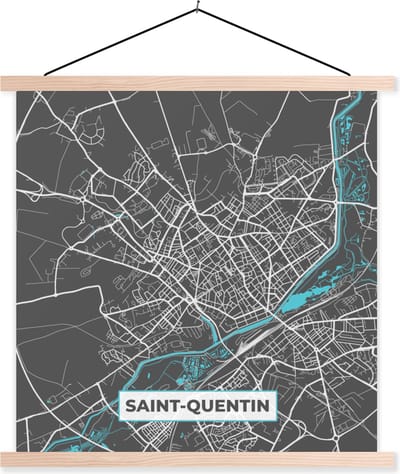 Posterhanger incl. Poster 40x40 cm - Schoolplaat - Frankrijk - Kaart - Plattegrond - Saint-Quentin - Stadskaart - Textielposter - Blanke latten - Stadskaart