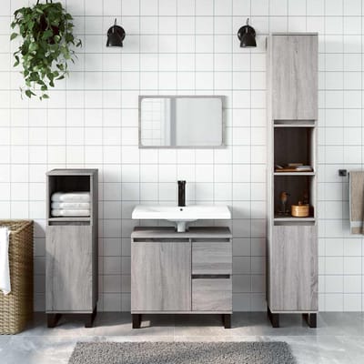 vidaXL - 3-delige - Badkamermeubelset - bewerkt - hout - grijs - sonoma - eikenkleur