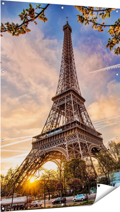Gards Tuinposter Eiffeltoren in Parijs tijdens Zonsondergang - 100x150 cm - Tuindoek - Tuindecoratie - Wanddecoratie buiten - Tuinschilderij