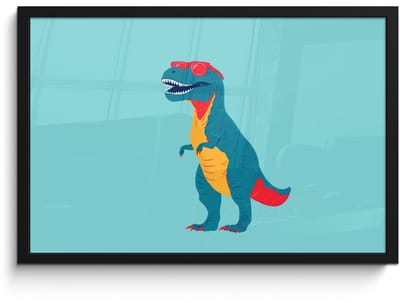 Poster in lijst - Fotolijst 60x40 cm - Posters - Dinosaurus - Blauw - Zonnebril - Posterlijst zwart - Decoratie - Wanddecoratie woonkamer - Muurdecoratie slaapkamer
