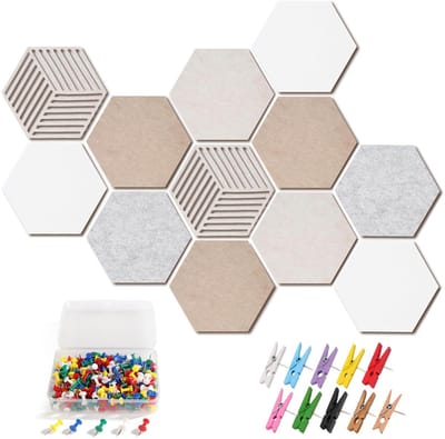 Prikbord, zelfklevend, zeshoekig prikbord, kurkbord met pushpins en clip, doe-het-zelf prikbord, kurkbord voor kantoor, thuis, slaapkamer, wanddecoratie