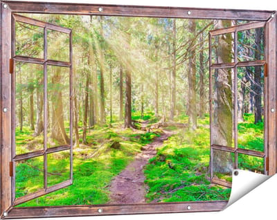 Gards Tuinposter Doorkijk Pad in Bos met Zon tussen de Bomen - 120x80 cm - Tuindoek - Tuindecoratie - Wanddecoratie buiten - Tuinschilderij
