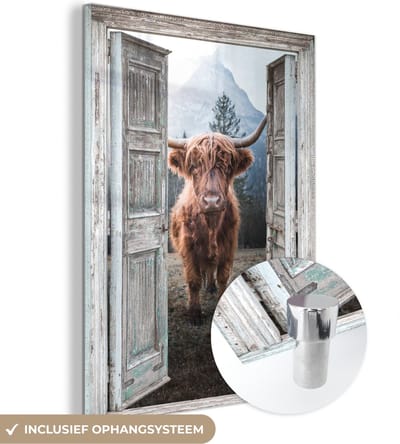 MuchoWow® Glasschilderij 30x40 cm - Schilderij acrylglas - Schotse hooglander - Koe - Landelijk - Doorkijk - Foto op glas - Schilderijen