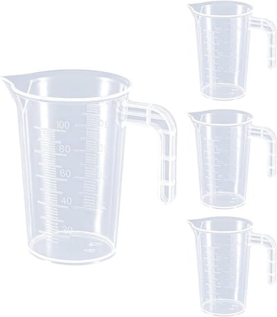 Kunststof maatbekers, set van 4, 100 ml per stuk, met handvat en schenktuit, onbreekbaar, transparant, met duidelijke maatverdeling, geschikt voor keukens, bakkerijen en restaurants.