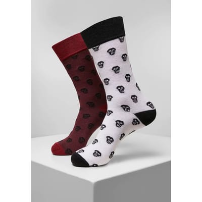 Urban Classics - Skull Allover 2Pack burgundy/white Sokken - Schedel sokken - 39/42 - Bordeaux rood/Wit