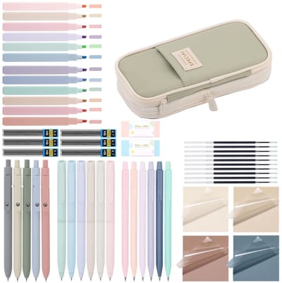 52 stuks schoolspullen met mapje, 12 pastelmarkeerstiften, 5 gelstiften, 6 vulpotlodenset, pennen en coole spullen voor tieners, meisjes, schoolspullen, kantoor, volwassenen (groen)