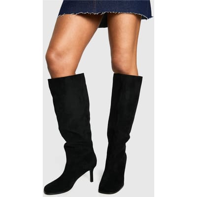 boohoo Dames Afgeronde Vierkante Teen Kniehoge Stiletto Laarzen | Black | Maat: 3
