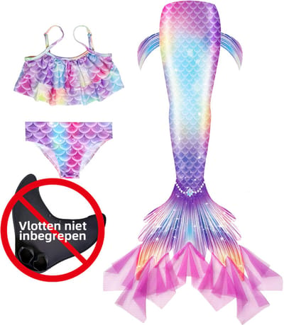 Zeemeerminstaart met bikini set - Zwemkostuum - Zeemeermin Zwemset - Staart met bijpassende bikini / Mermaid Staart / Prinsessen jurk - zonder monovin - Roze Regenboog Kleuren - Maat 120