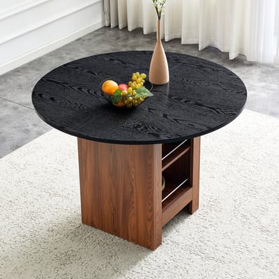 Eettafel - Ronde Tafel Met Open Opbergvak - Voor Keuken En Eetkamer In Kleine Ruimtes - MDF In Walnootkleur En Zwart - 100x100x76 Cm