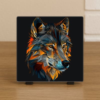 Wenstegel Wolf Geometrisch – 10,5x10,5 cm – Moderne Dieren Wanddecoratie – Stijlvolle Woondecoratie met Boodschap – Trendy nu– Hip trendy tegeltje – Cadeau – Zomaar – Deco – Decoratief Tegeltje met Standaard – Cadeau Idee