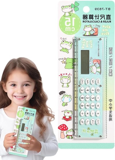 Rekenmachine met Liniaal - School Rekenmachine Cartoon Rekenmachine - Schoolwerk Ondersteunen - Dubbele Functie - 15 cm - Groen