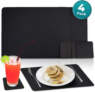 Placemats 8 stuks - Placemats van 45x30 cm en vierkante onderzetters van 10 cm - Placemats Kunststof - Zwart