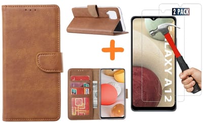 Hoesje Geschikt Voor Samsung Galaxy A12 hoesje wallet case Bruin - Galaxy A12 hoesje bookcase Portemonnee- Galaxy A12 Hoesje book cover hoesjes met 2 pack Screenprotector