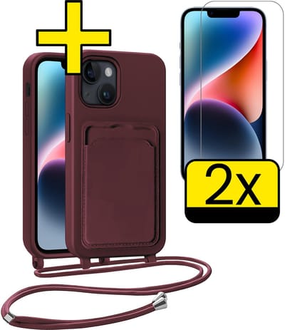 Hoesje Geschikt voor iPhone 13 Telefoonhoesje Met Koord Case Pashouder Met 2x Screenprotector Siliconen - Hoes Geschikt voor iPhone 13 Hoesje Met Kaarthouder - Aubergine