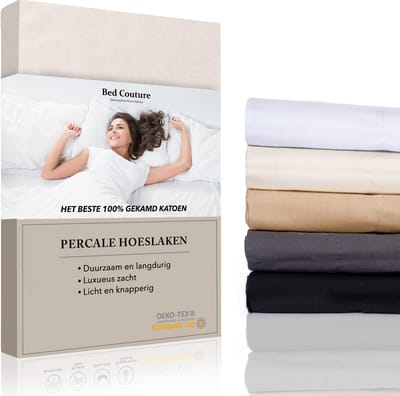 Bed Couture - Percale Hoeslaken van 100% hoogwaardig imperal weave Katoen - Eenpersoons 90x200cm - Hoekhoogte 30cm - Ultra zacht en soepel - Ecru