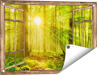 Gards Tuinposter Doorkijk Groen Bos met Schijnende Zonnestralen - 60x40 cm - Tuindoek - Tuindecoratie - Wanddecoratie buiten - Tuinschilderij