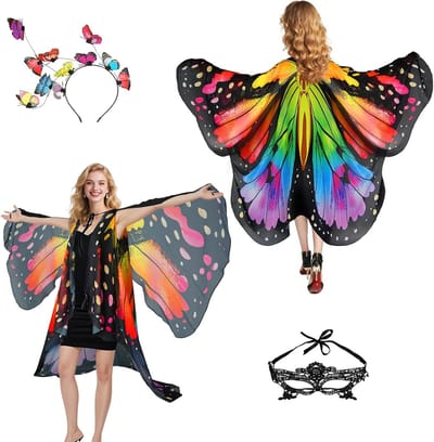 Vrouwelijk Vlinder Kostuum met Vleugels en Accessoires voor Carnaval - 3-delig Set met Gezichtsmasker en Haarband voor Feestjes en Theatrale Optredens