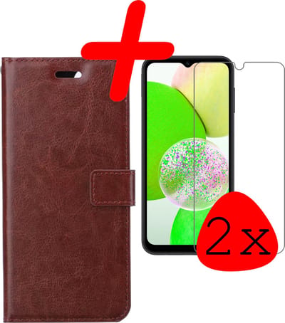 Hoesje Met 2x Screenprotector - Geschikt voor Samsung Galaxy A14 - Luxe Pasjeshouder - Bookcase Portemonee - Flip Case - Kunstleer Book Case - Flipcase Hoes - Book Cover - Walletcase - Portemonneehoes - Bruin