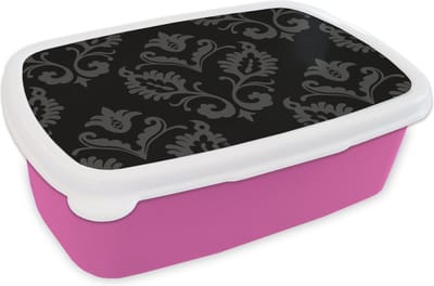 Broodtrommel Roze - Lunchbox - Brooddoos - Barok - Zwart - Patroon - 18x12x6 cm - Kinderen - Meisje