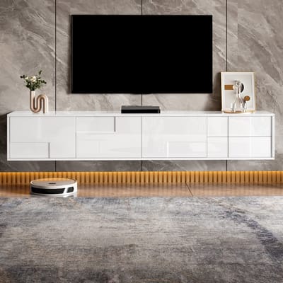 Wishdor Tv-Meubel - Hoogglans - Greeploos - Met 3 Deuren En 2 Lades - Mdf En Spaanplaat - Wit - 170 X 30 X 30,5 Cm