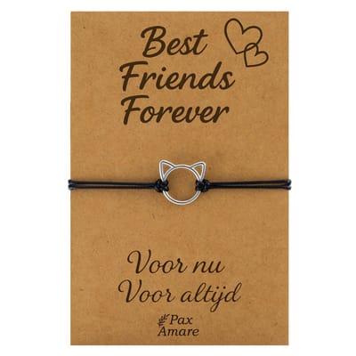 Pax Amare Armbandje met Schattig Katje "Best Friends Forever" - Vriendschapsarmbandje Cadeau - BFF Armband Cadeau - Zwart & Zilverkleurig