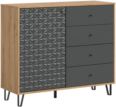 Prisma dressoir 4 laden, 1 deur eik decor, mat grijs.