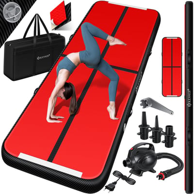 KESSER® Gymnastiekmat Opblaasbare Airtrack Fitnessmat|Yogamat,Tumblingmatten,Trainingsmat,Sportmat |Sporten & Spelen|Buiten & Binnen|incl. Draagtas & Electr. Luchtpomp - Zwart-rood-carbon - 3M