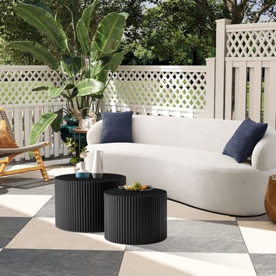MODFU Set Van 2 Ronde Nesttafels - Golvende Rand - Modern - Voor Woonkamer Of Balkon - MDF - Zwart - Ø60x40 + Ø48x35 Cm