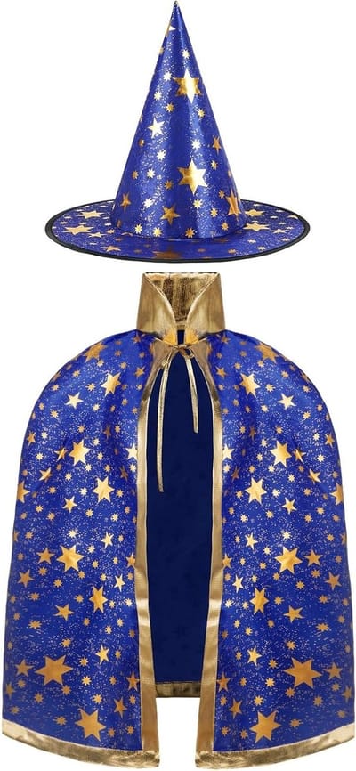 Tovercape voor Kinderen met Sterrenpatroon - Halloween Kostuum voor Meisjes en Jongens, Inclusief Hoed en Accessoires voor Feestjes en Verkleedpartijen