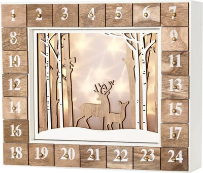 BRUBAKER Herbruikbare Houten Adventskalender Zelf te vullen - Wit winterlandschap met LED-verlichting - Doe-het-zelf-kalender 35,5 x 6 x 27 cm