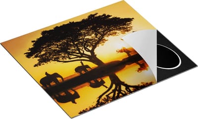 Chefcare Inductie Beschermer Olifanten Familie bij een Boom - Zonsondergang - 60x50 cm - Afdekplaat Inductie - Kookplaat Beschermer - Inductie Mat