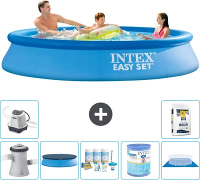 Intex Rond Opblaasbaar Easy Set Zwembad - 305 x 61 cm - Blauw - Inclusief Pomp - Afdekzeil - Onderhoudspakket - Filter - Grondzeil - Zoutwatersysteem - Zwembadzout - 8-delig