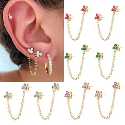 Aramat Jewels | Oorbellen | Oorbellen met kettinkje en zirkonia steentjes | Goudkleurig / Licht Blauw | |7mm | Zilver | Volwassenen | Verkleurd niet