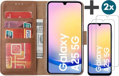 Hoesje met 2 Stuks Screenprotectors Geschikt voor Samsung Galaxy A25 – Arara bookcase met pasjeshouder - Bruin