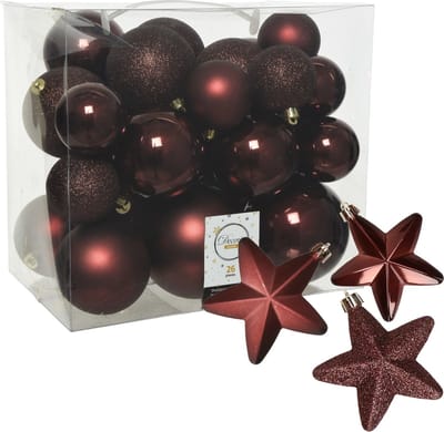 Kerstballen en sterren ornamenten - set 32x stuks - kunststof - mahonie bruin
