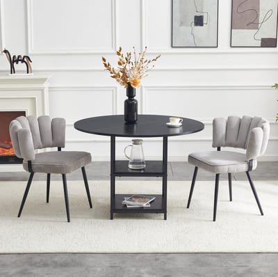 Set Tafel En Stoelen - Ronde Eettafel Met Dubbele Opbergplank - 2 Eetkamerstoelen Met Bloemrug - Industrieel - Zwart Grijs