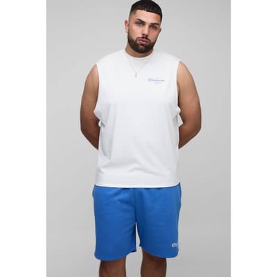 Plus Regular Fit Drop Armhole Landscape Print Tank & Relaxed Short Set | White | Size 2XL