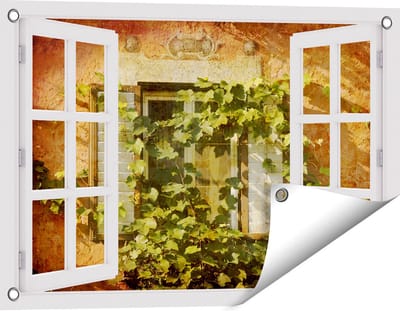 Gards Tuinposter Doorkijk Raam met Luiken - 60x40 cm - Tuindoek - Tuindecoratie - Wanddecoratie buiten - Tuinschilderij