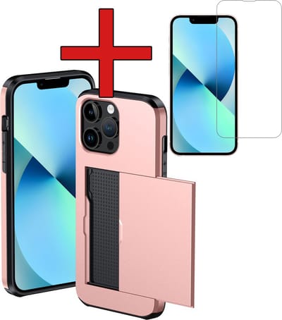 Hoesje Geschikt voor iPhone 14 Pro Max Hoesje Met Pasjeshouder Hard Case Met Kaarthouder Met Screenprotector - Hoes Geschikt voor iPhone 14 Pro Max Hoesje Pashouder Case - Rosé goud