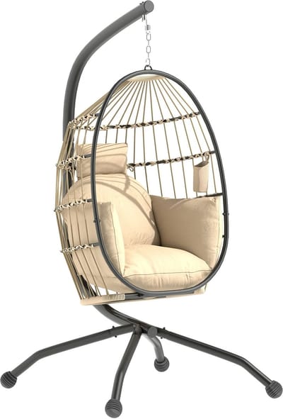Jurrys Hangstoel - Schommelstoel - Loungestoel - Tuinstoel - Set met Beige Kussen - Ultiem comfort - Terras - Maat 120x88x192 cm