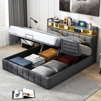 Tweepersoonsbed met ledverlichting en usb-poort, opbergruimte met hydraulische stang, gestoffeerd hoofdeinde van grijs linnen, 140x190 cm, exclusief matras